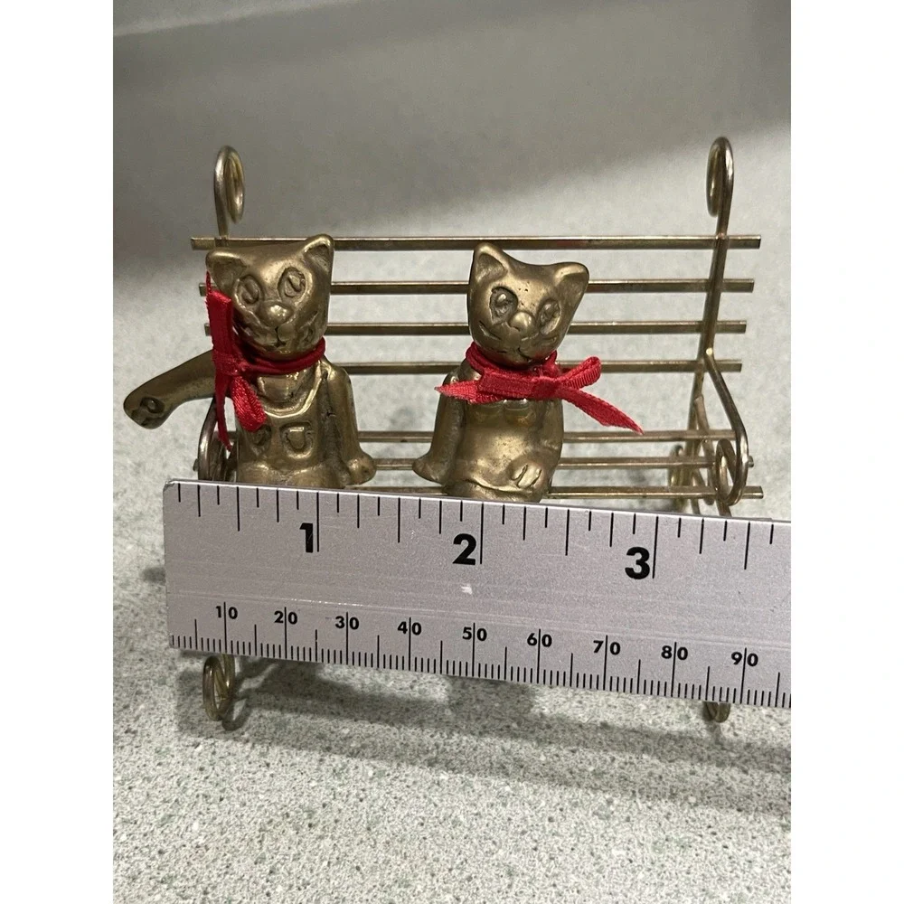 Brass Cats Kittens Sitting Cross Leg Metal Bench Red Ties Taiwan‎ Pair Trinket